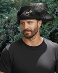 Barbossa | Mens Black Leather Tricorn Hat with Feather Plume
