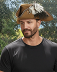 Barbossa | Mens Brown Leather Tricorn Hat with Feather Plume