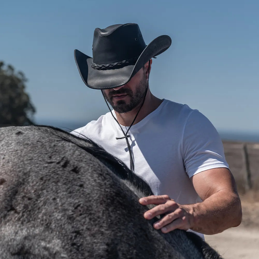 Unisex Black Genuine Leather Cowboy Western Hat – S/M/L/XL Sizes, Classic Style