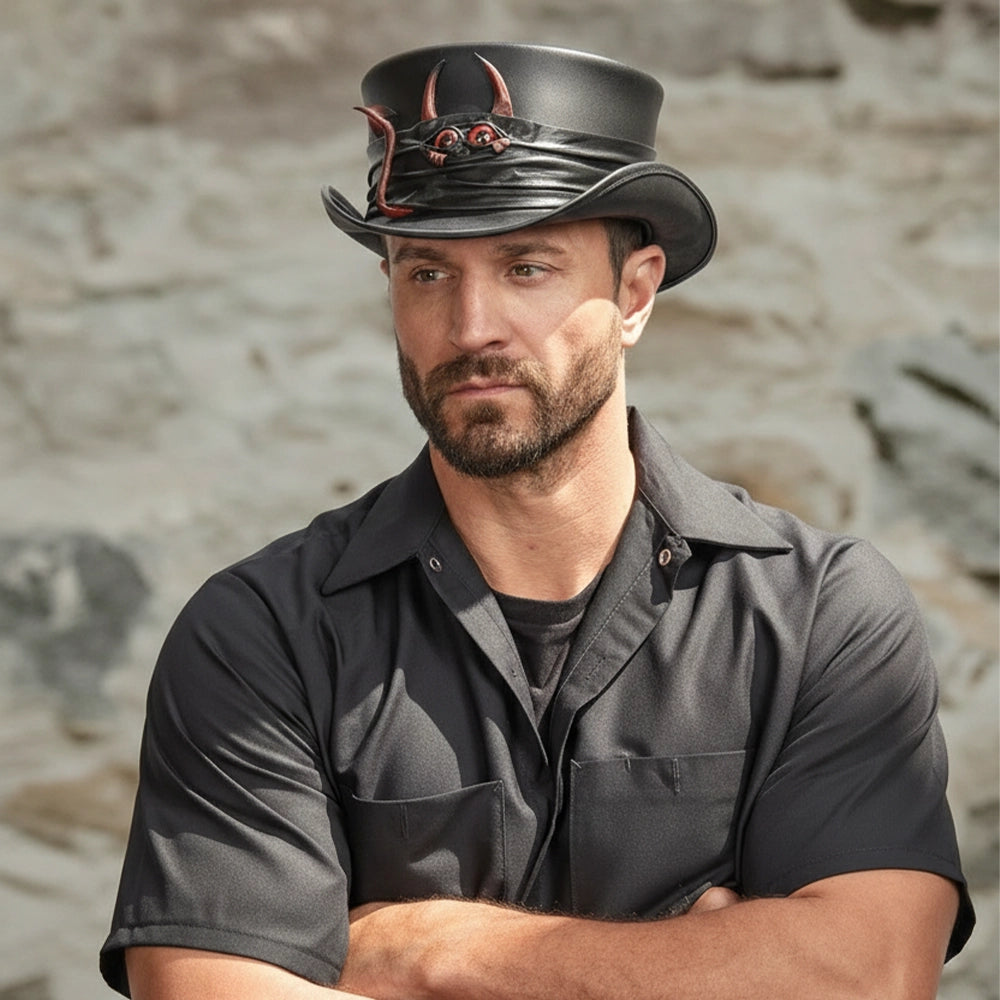 Marlow Lil Evil | Mens Leather Top Hat with Lil Evil Hat Band
