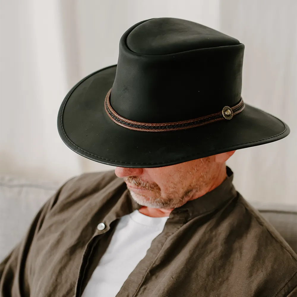 Midnight Rider | Mens Black Leather Outback Hat by American Hat Makers Midnight Rider | Mens Black Leather Outback Hat by American Hat Makers