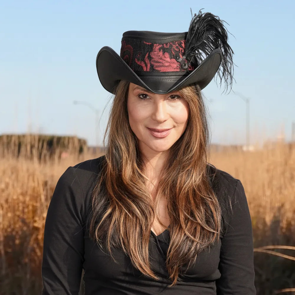 Reversible Ren | Womens Black Leather Festival Hat with Red