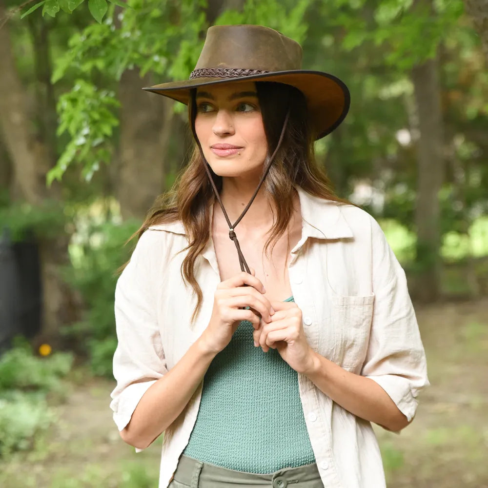 Crusher | Womens Bomber Brown Leather Crushable Outback Hat