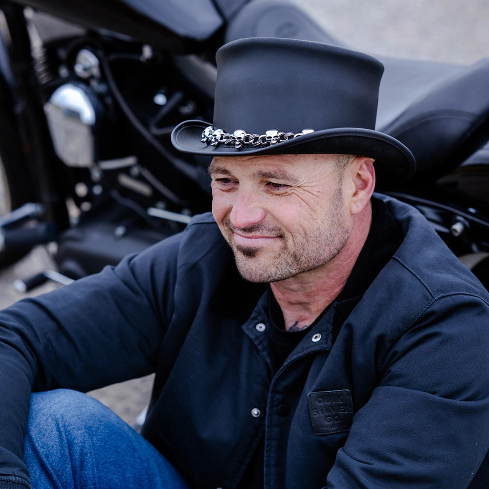 El Dorado 5 Skull | Mens Black Leather Top Hat with 5 Skull  display picture 1