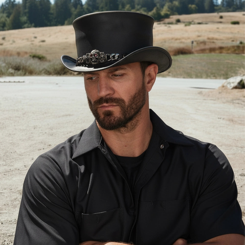 El Dorado Red Eye | Mens Black Leather Top Hat with Red Eye Skull