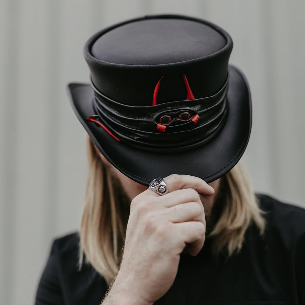 Marlow | Mens Black Leather Top Hat with Lil Evil Hat Band