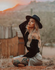 Rancher | Womens Black Wide Brim Felt Fedora Hat