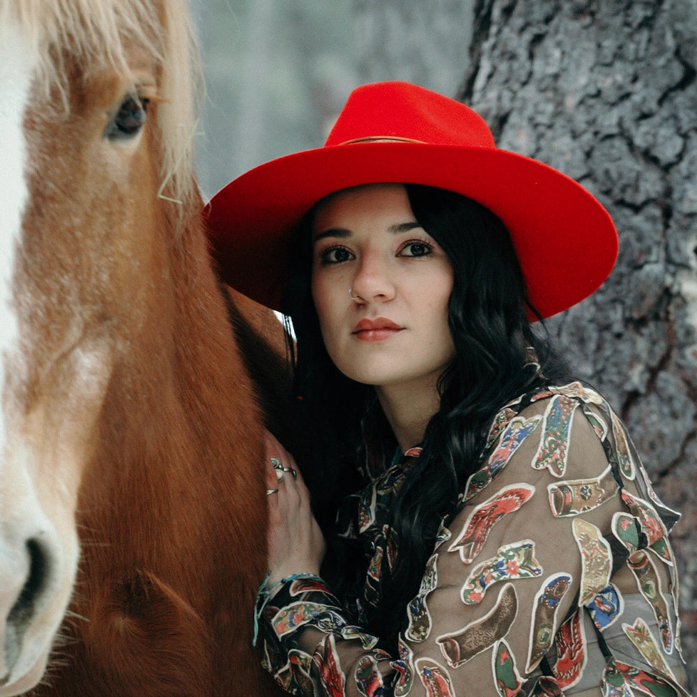 Rancher | Womens Red Wide Brim Felt Fedora Hat – American  display picture 3