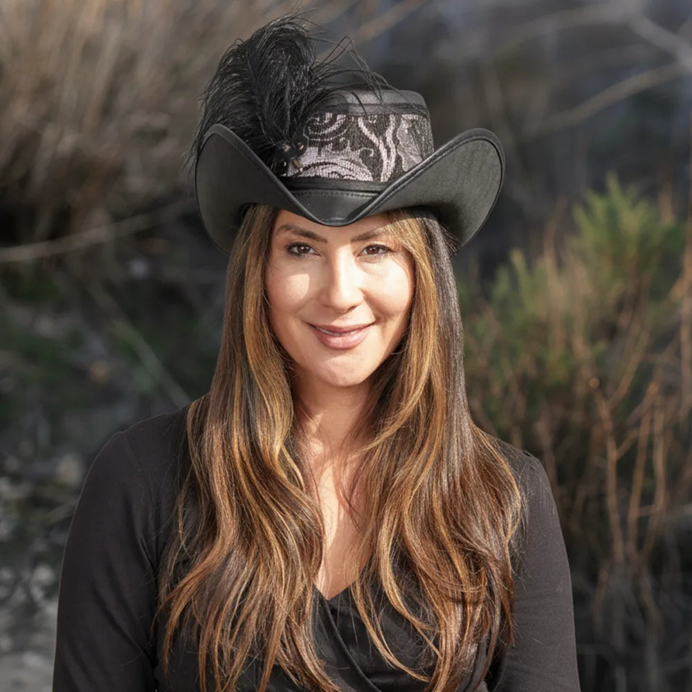 Reversible Ren | Womens Black Leather Festival Hat with Red