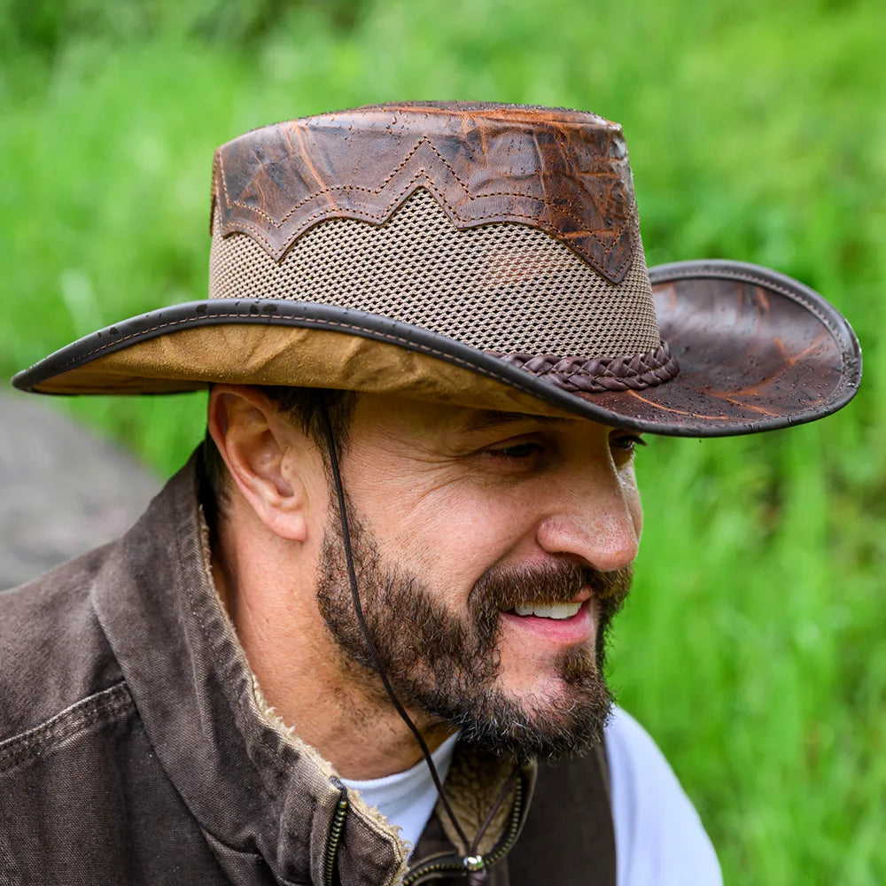 Stampede | Mens Brown Crunch Cowhide Leather Cowboy Hat with Mesh