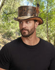 Wiccan | Mens Distressed Leather Top Hat with Skull Bone Hat Band