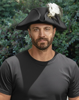 Barbossa | Mens Black Leather Tricorn Hat with Feather Plume