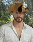 Barbossa | Mens Brown Leather Tricorn Hat with Feather Plume