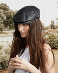 Bookie | Womens Black Leather Flat Cap