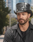 Silver Skull | Mens Leather Top Hat with Skull Hat Band