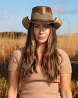 Stampede | Womens Brown Crunch Cowhide Leather Cowgirl Hat with Mesh Sides
