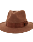 A front angled view of an adventure brown fedora hat
