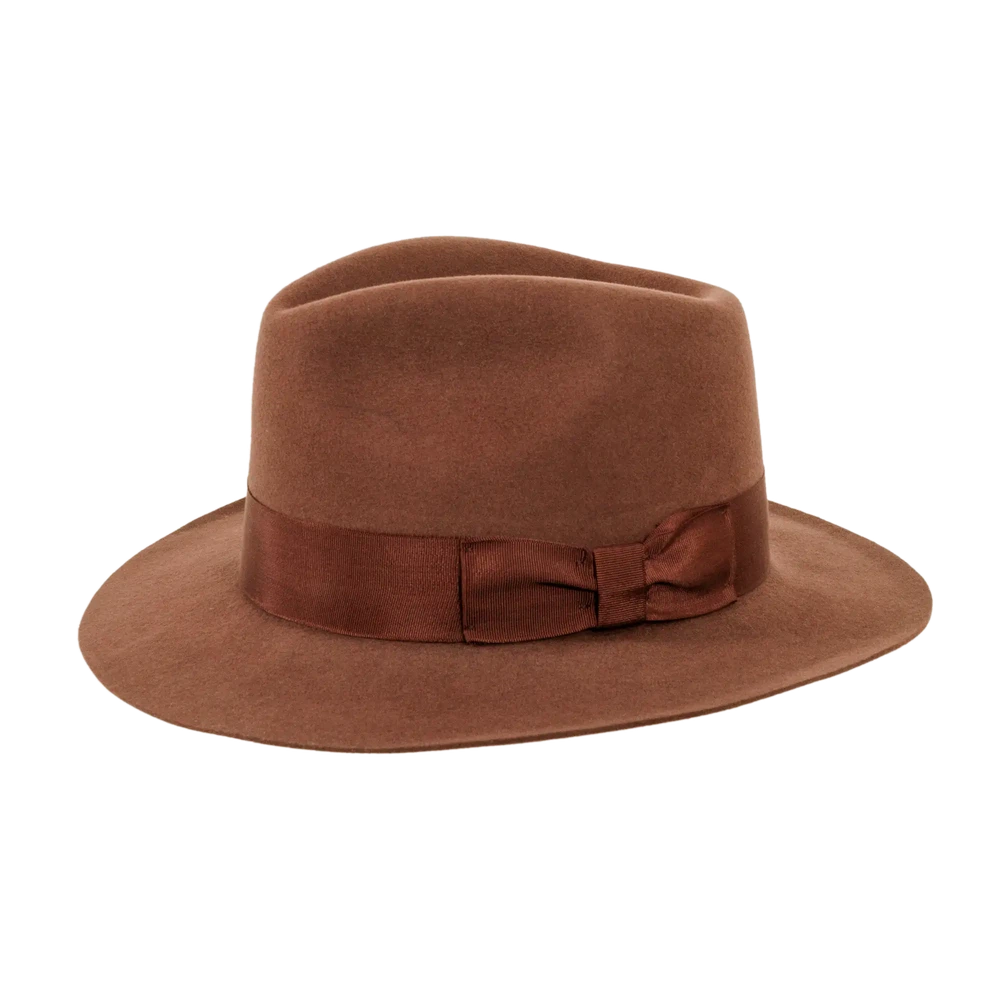 A side view of a adventure brown fedora hat 