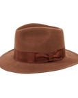 A side view of a adventure brown fedora hat