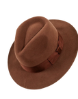 An Angle top view of an adventure brown fedora hat