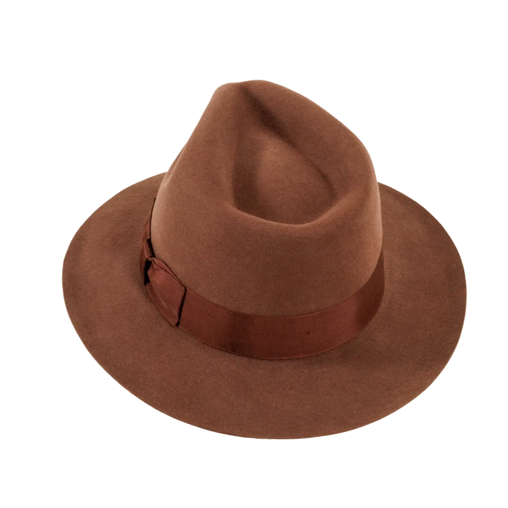 A back top view of a adventure brown fedora hat 