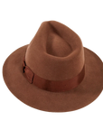 A rear view of a adventure brown fedora hat
