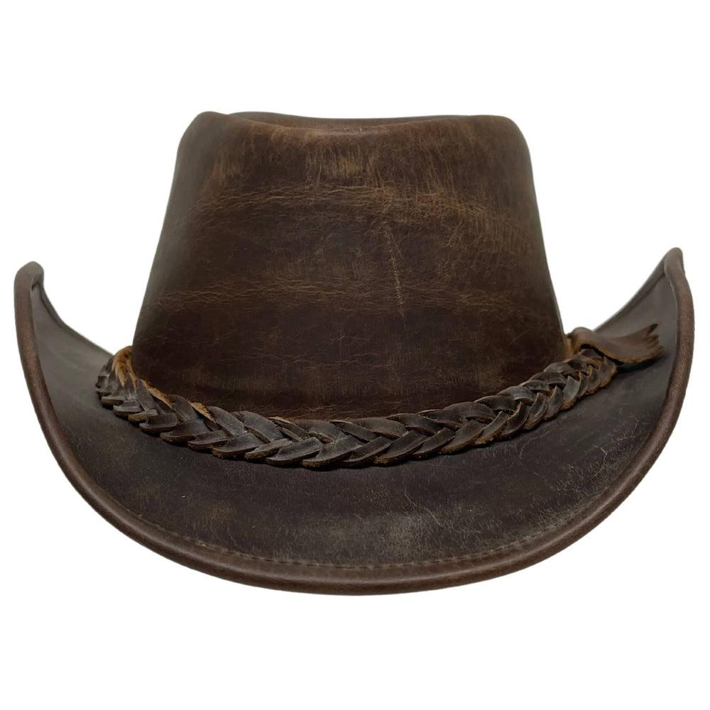 Back Woods Brown Leather Outback Hat by American Hat Makers front view