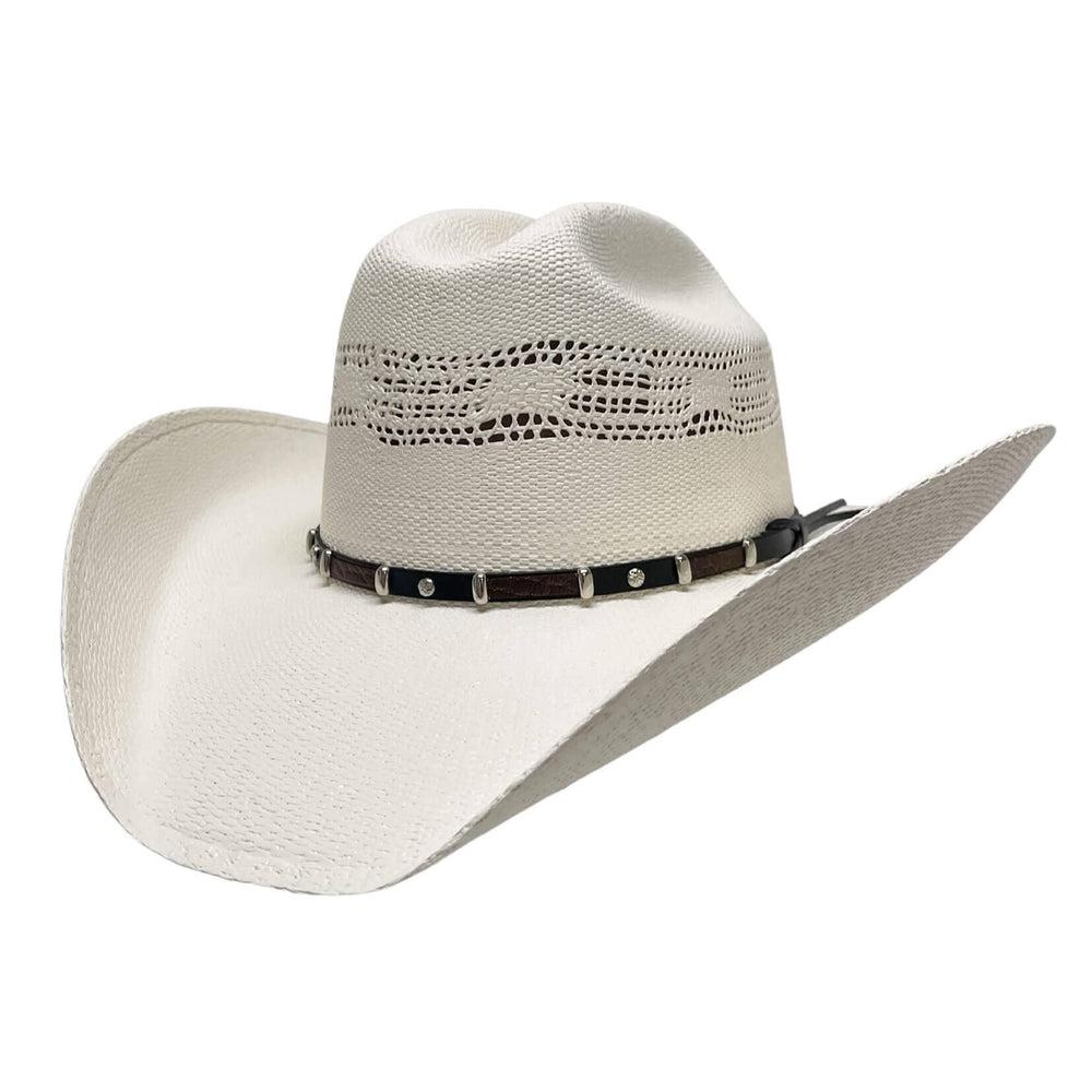 An angle view of a Montana Cream Straw Cowboy Hat 