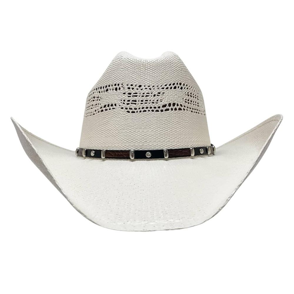 A front view of a Montana Cream Straw Cowboy Hat