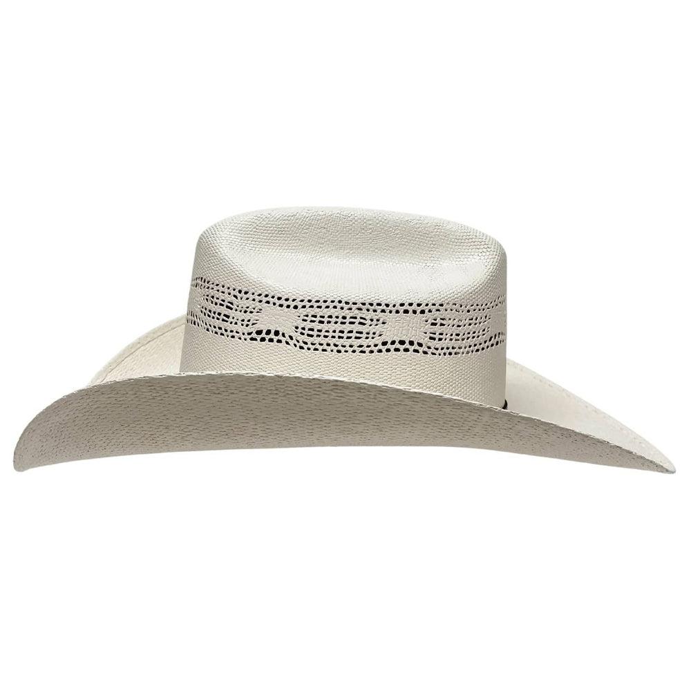 A side view of a Montana Cream Straw Cowboy Hat
