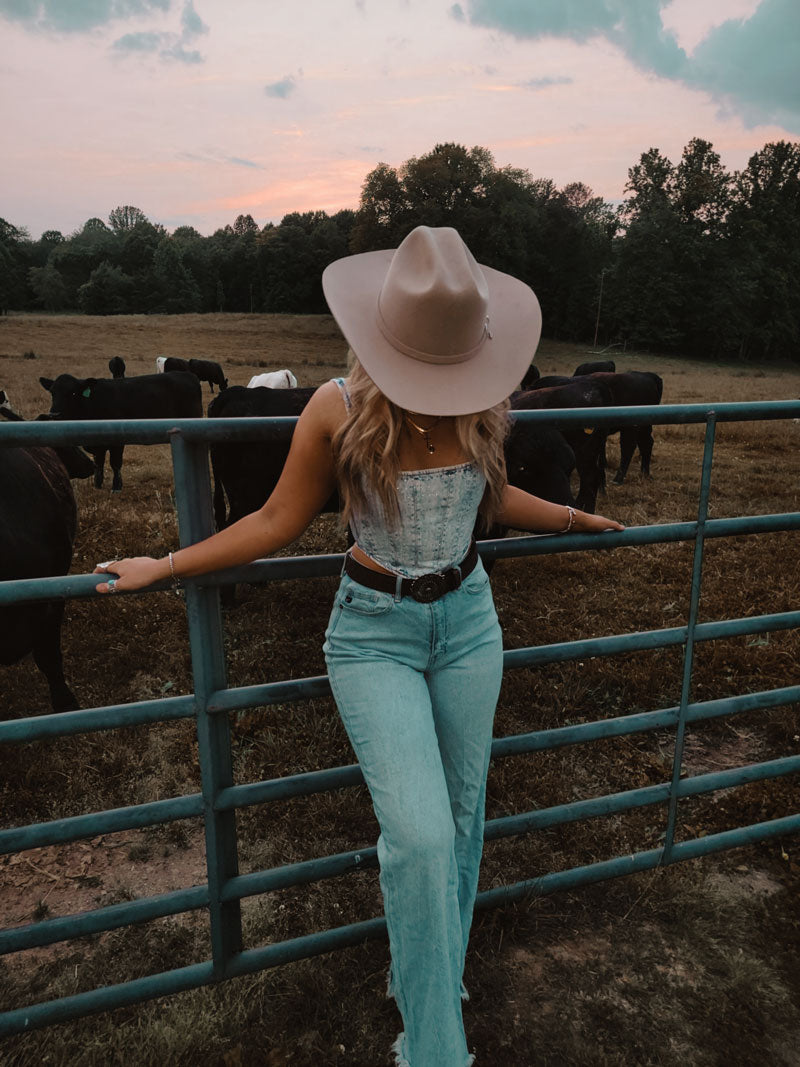 A woman leaning on the fence wearing a san felt cowboy hat