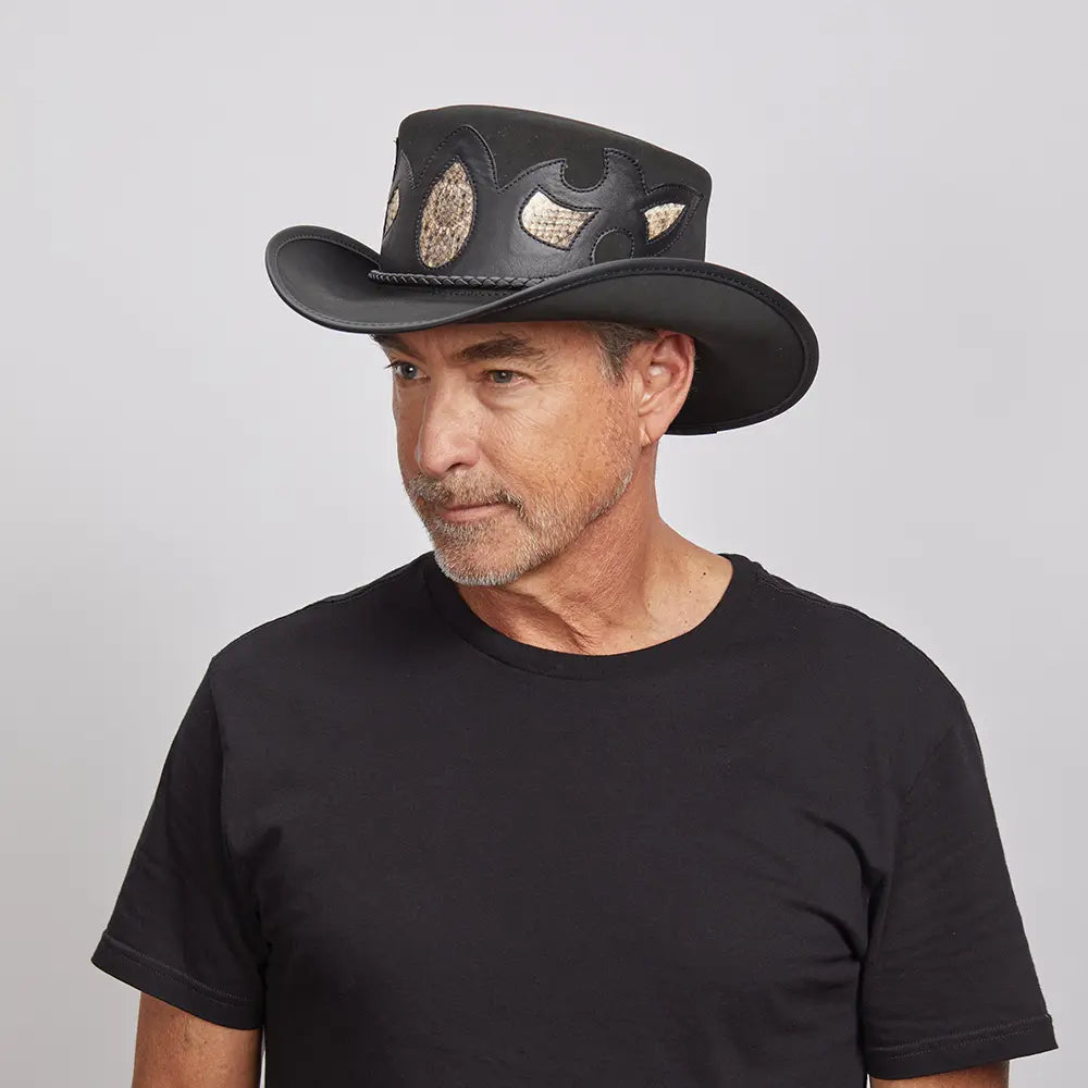Charmer | Mens Black Leather Top Hat with Snake Emblems