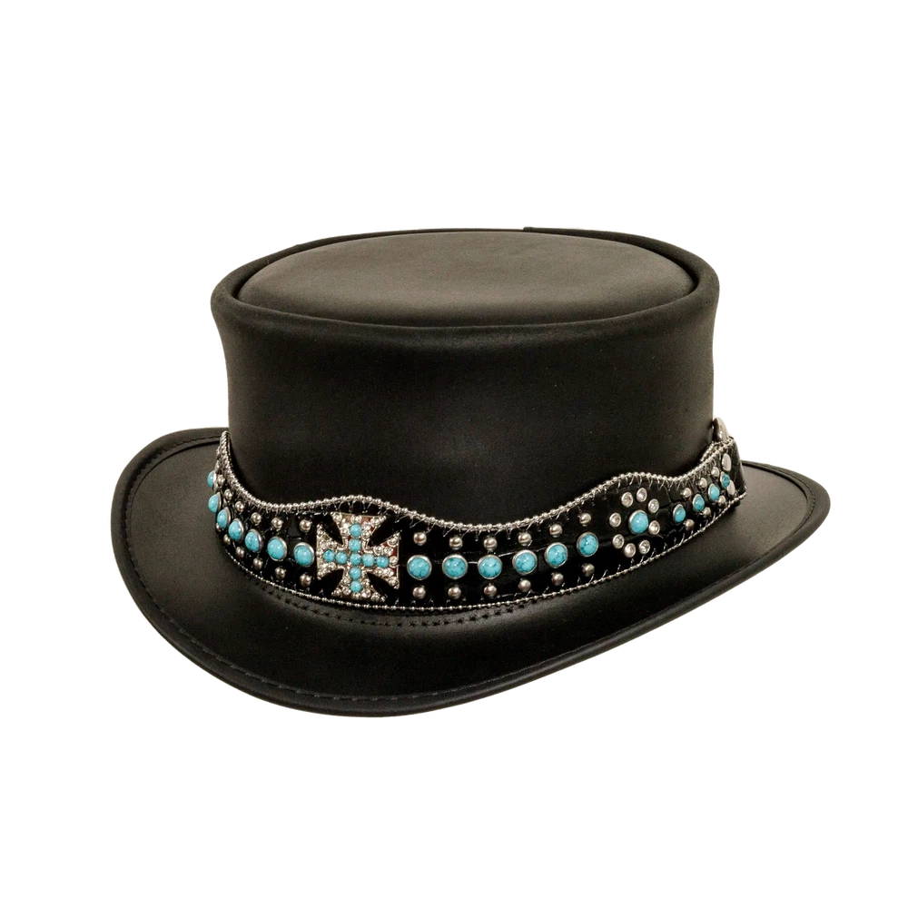 chopper mens black leather top hat front view