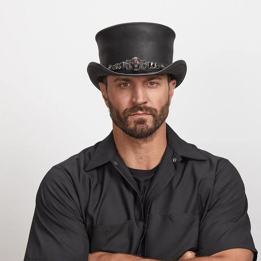 New American Hat Makers El Dorado Red Eye Skull Band Leather Top Black Hat