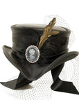 Fancy black leather top hat front view