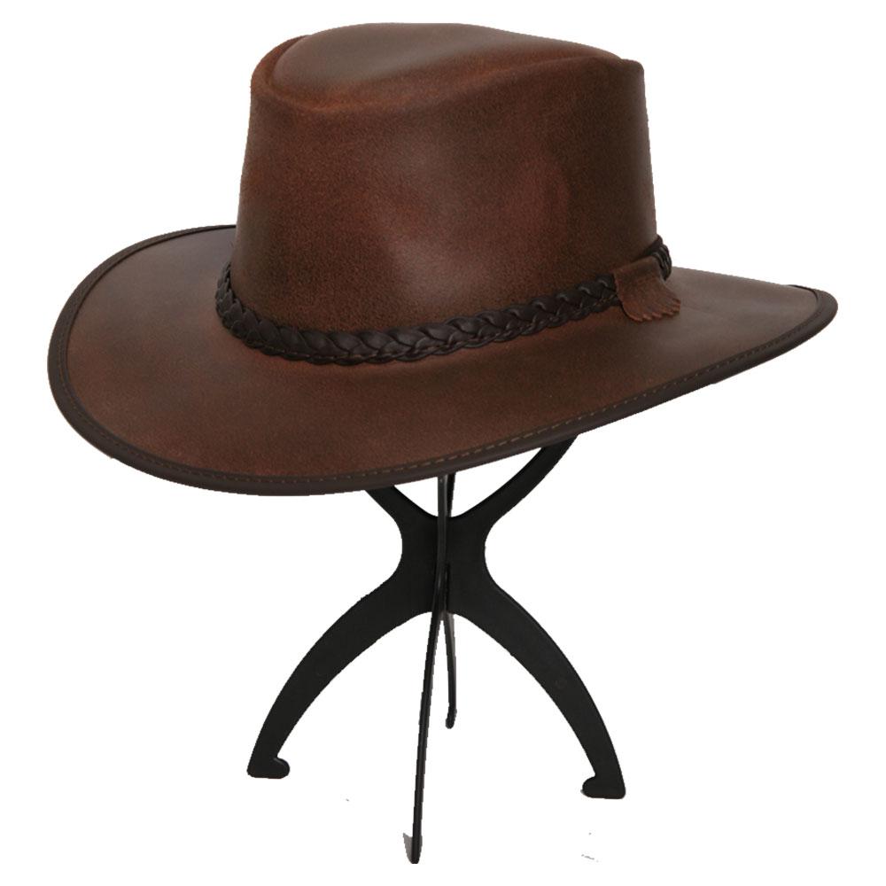 A brown cowboy hat on a side angle view on a stand