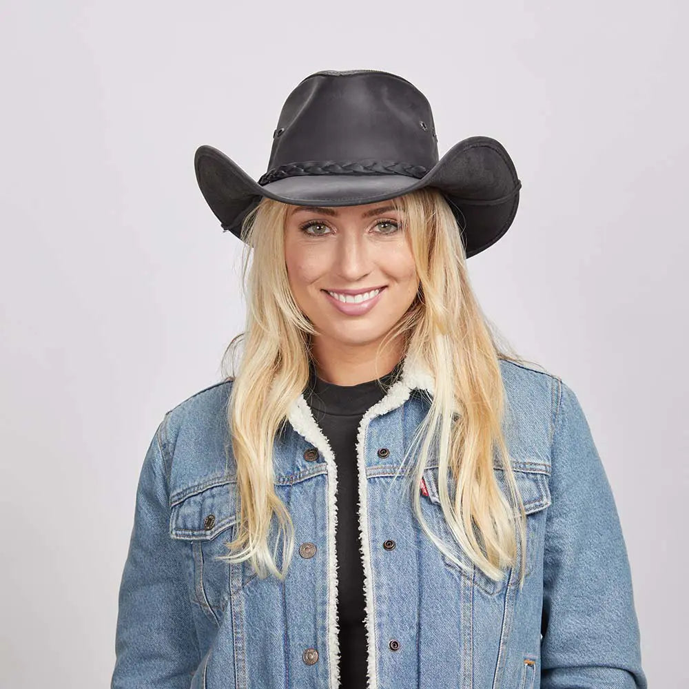 Hollywood | Womens Black Leather Cowgirl Hat