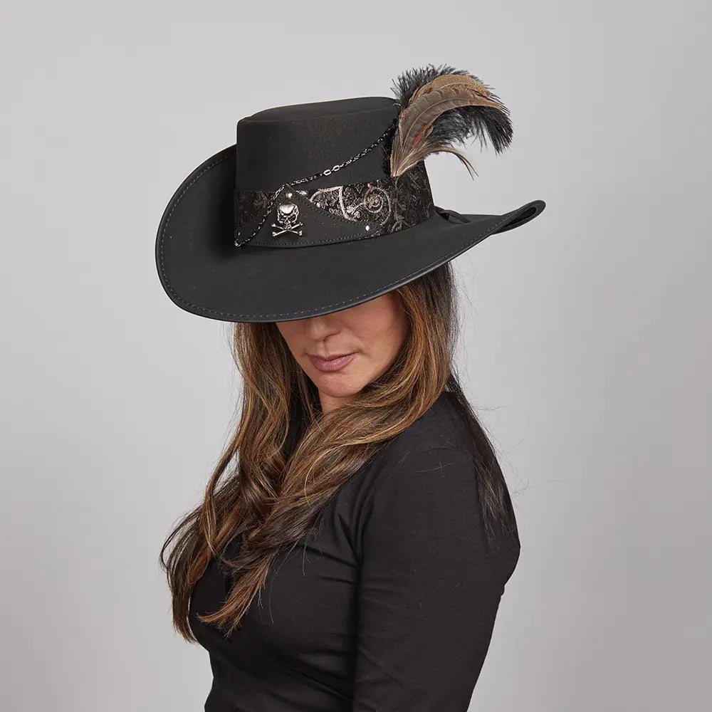 Hook | Womens Black Suede Leather Cavalier Hat