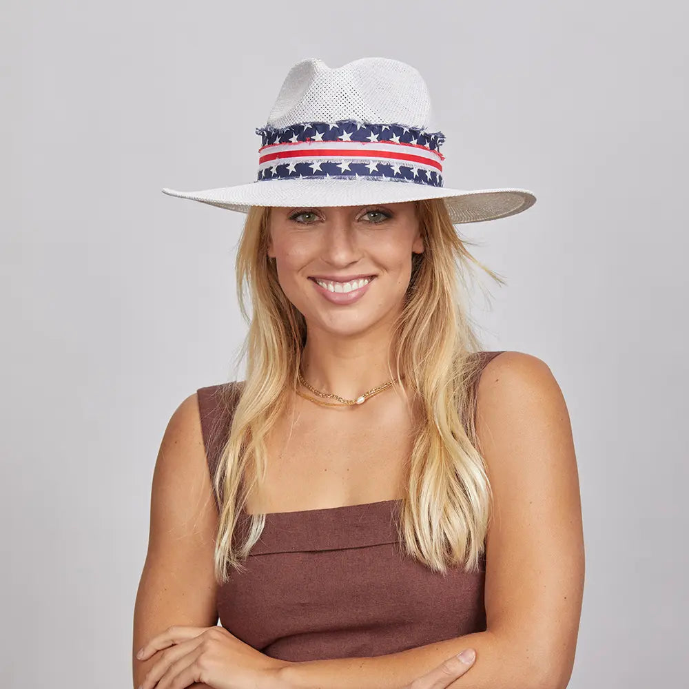 Knox | Womens White Straw Sun Hat with Flag Hat Band