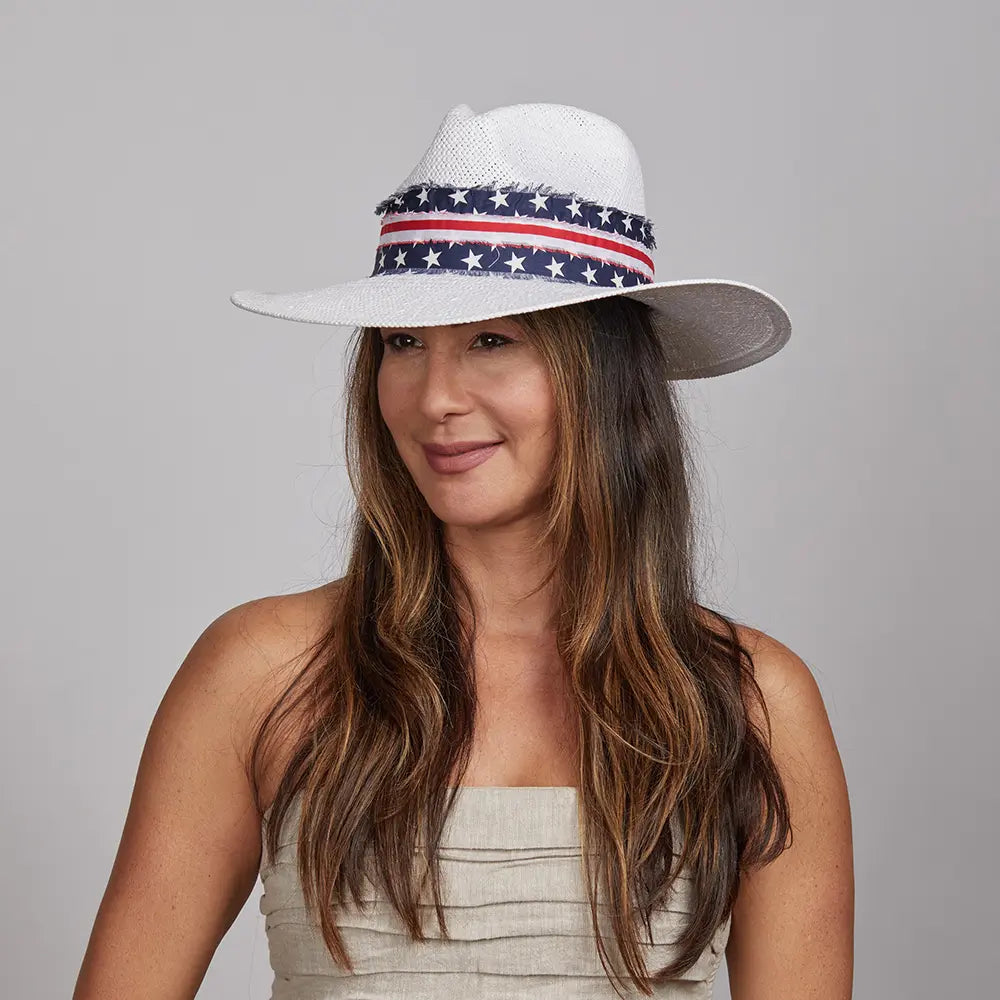 Knox | Womens White Straw Sun Hat with Flag Hat Band