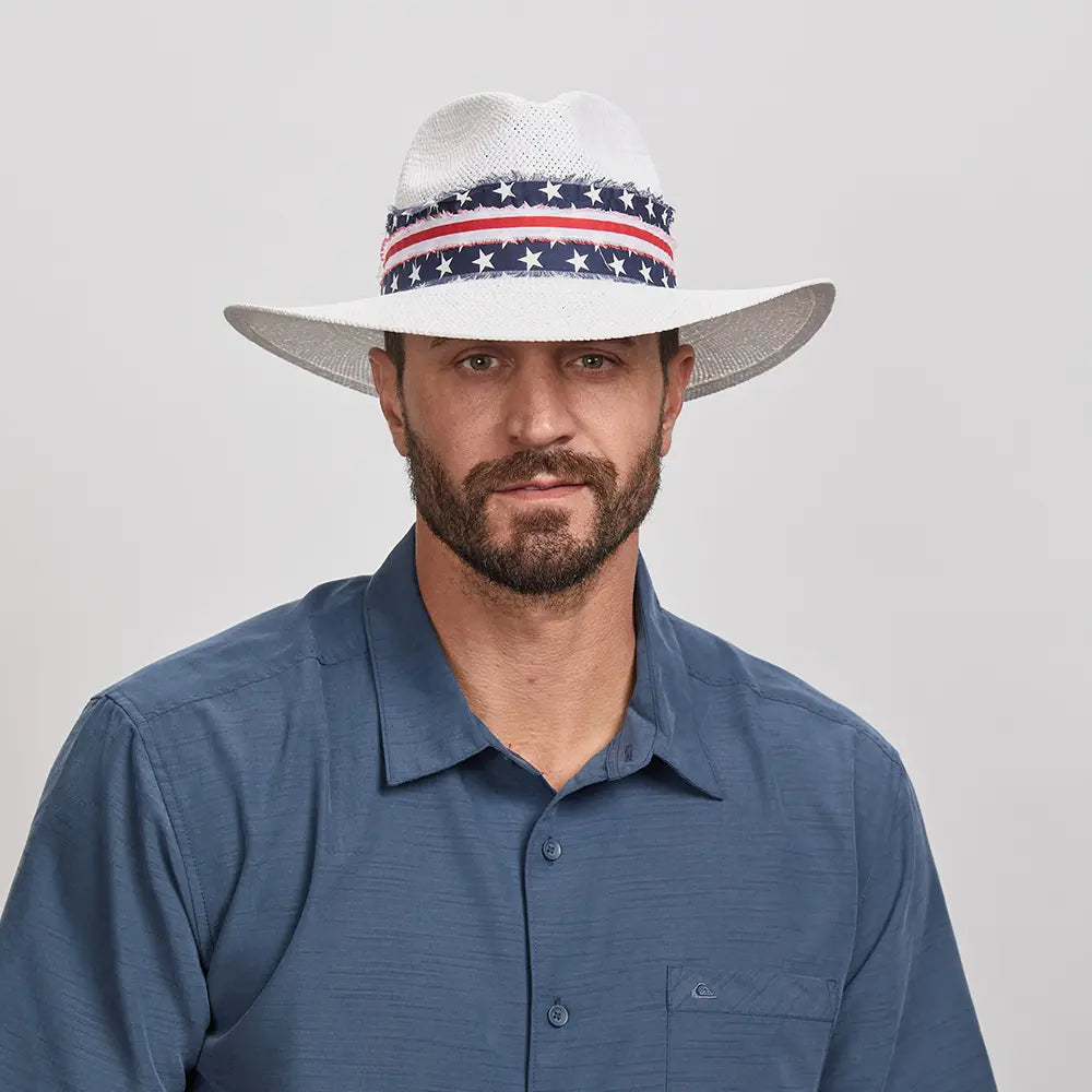 Knox | Mens White Straw Sun Hat with Flag Hat Band