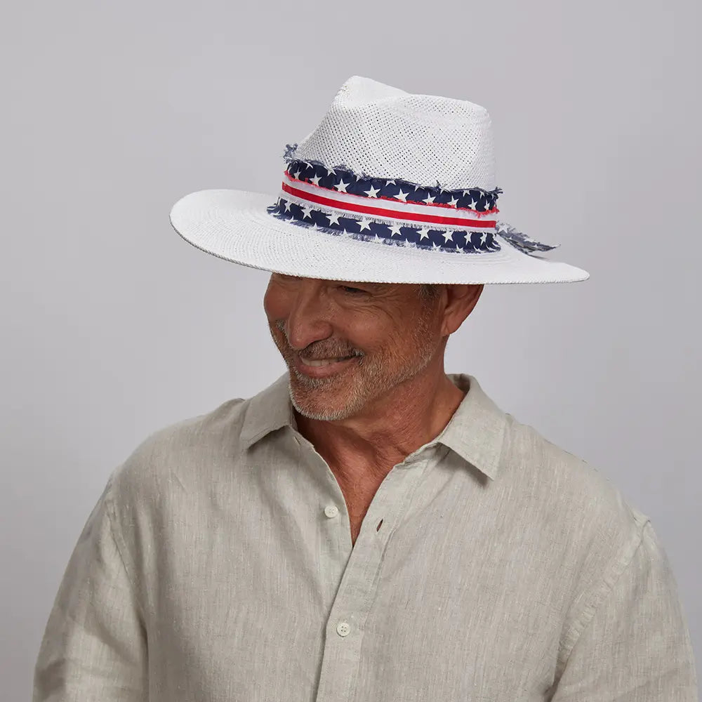 Knox | Mens White Straw Sun Hat with Flag Hat Band