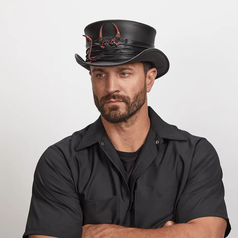 Marlow Lil Evil | Mens Leather Top Hat with Lil Evil Hat Band