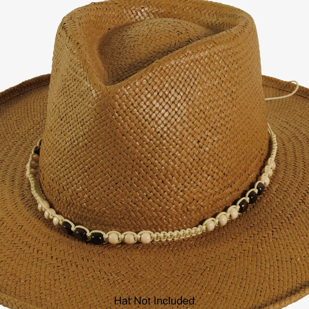 Pine | Macrame Knot Natural Twine Hat Band With Wood Beads Pine | Macrame Knot Natural Twine Hat Band With Wood Beads