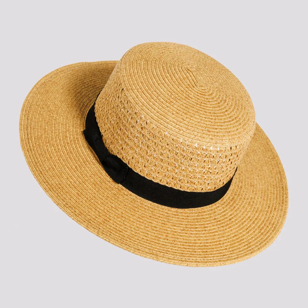 Rialto Womens Sewn Paper Braid Boater Sun Hat with Ribbon Band