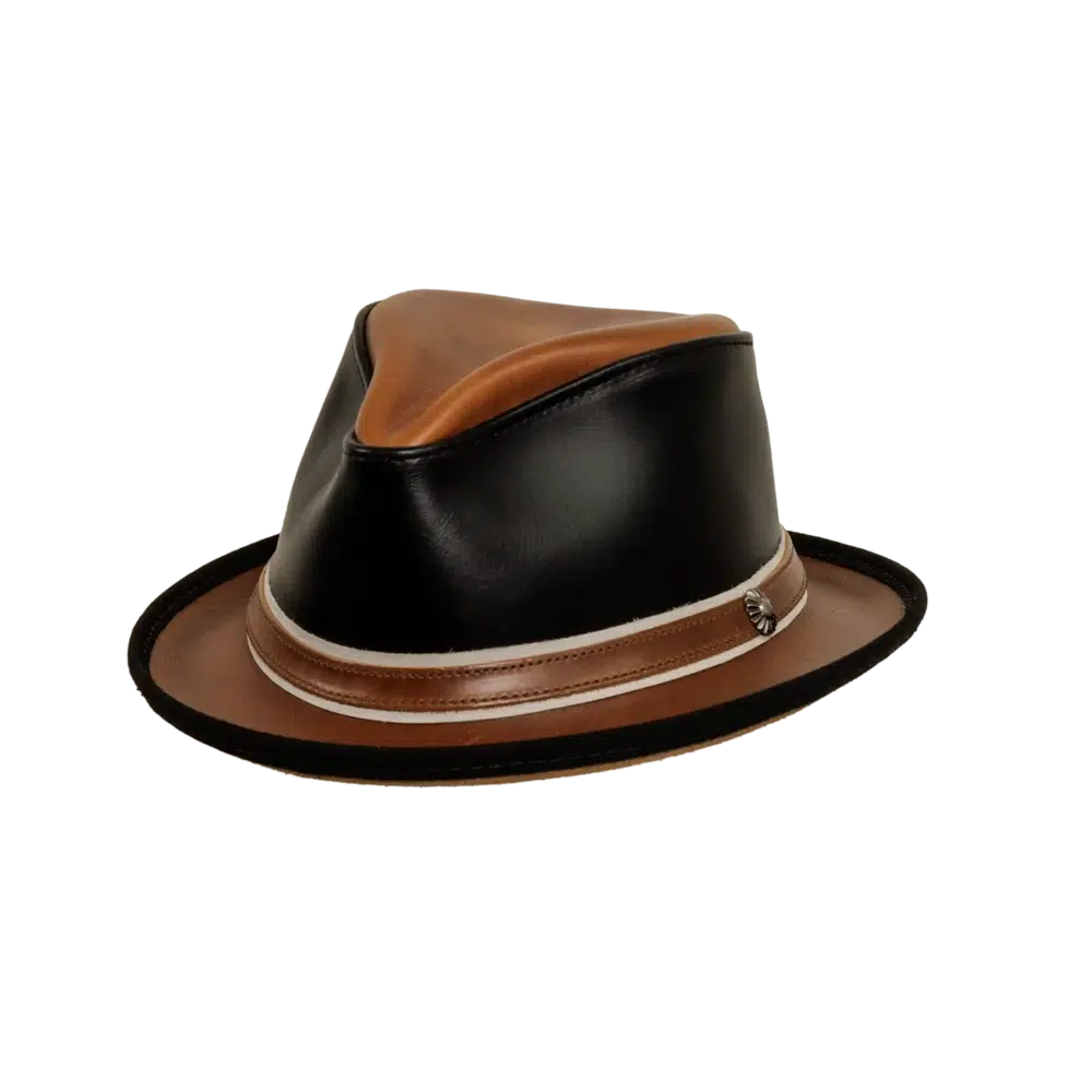 rocky black leather fedora angled view