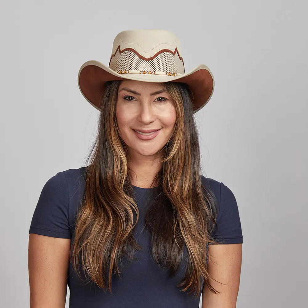 Woman with long hair wearing a Sierra Latte Cowboy Hat.