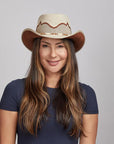 Woman with long hair wearing a Sierra Latte Cowboy Hat.