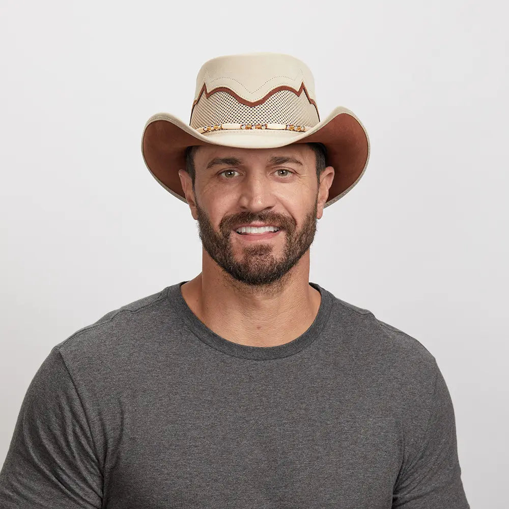 Man with a beard wearing a Sierra Latte Cowboy Hat and a gray t-shirt,