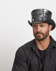 Silver Skull | Mens Leather Top Hat with Skull Hat Band